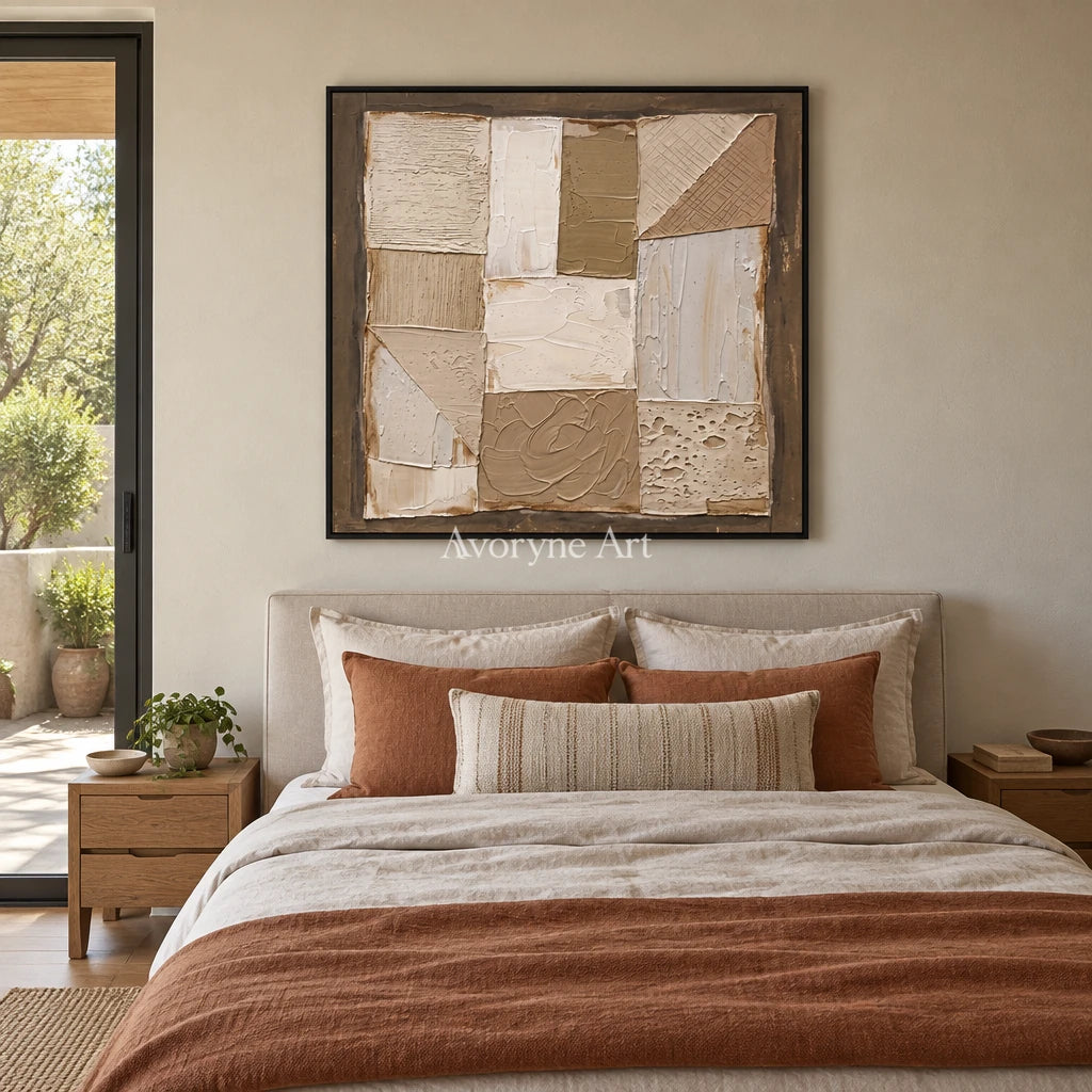 Mineral Echo neutral geometric relief wall art with a black frame above a bed in a bedroom