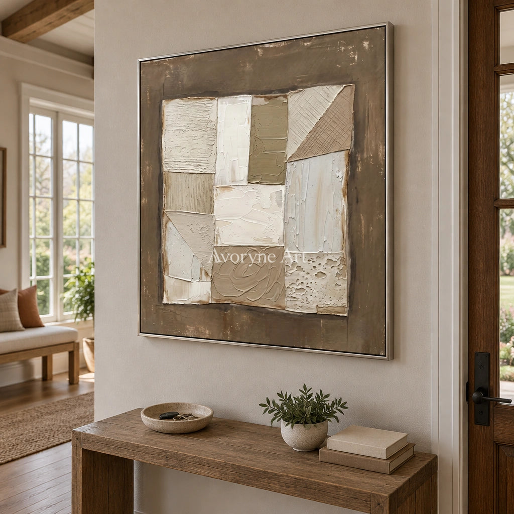 Mineral Echo neutral geometric relief wall art with a silver frame in an entryway