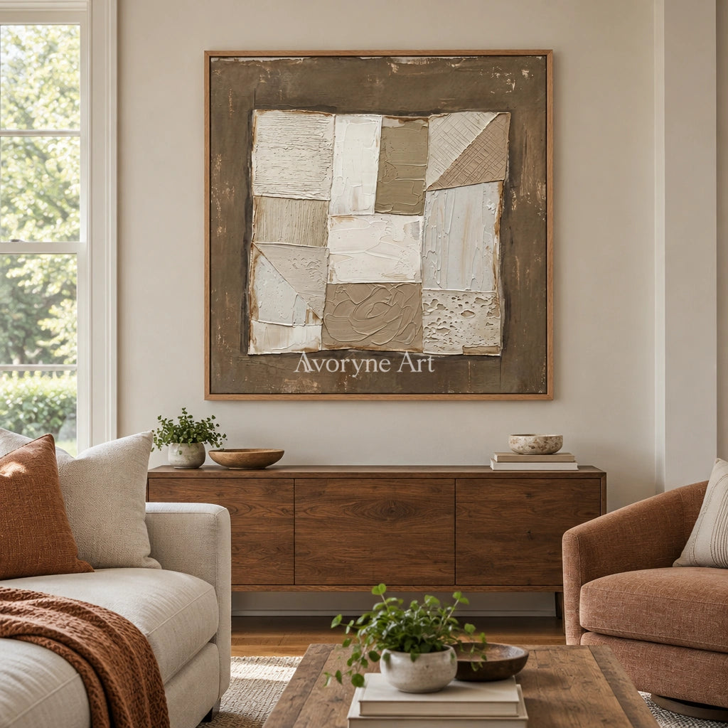 Mineral Echo neutral geometric relief wall art with a wood frame in a villa living space