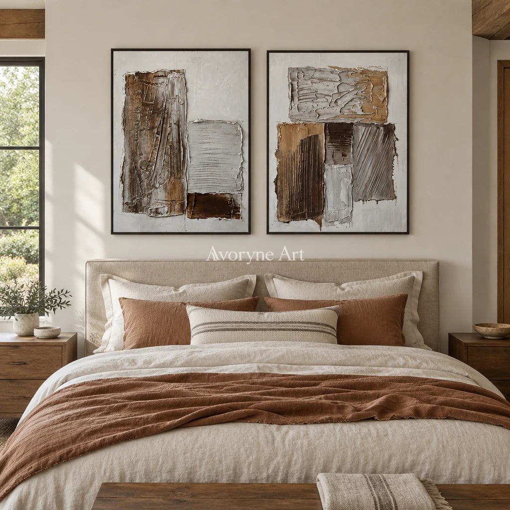 Hushed Gesture neutral geometric relief diptych with a black frame above a bed in a bedroom