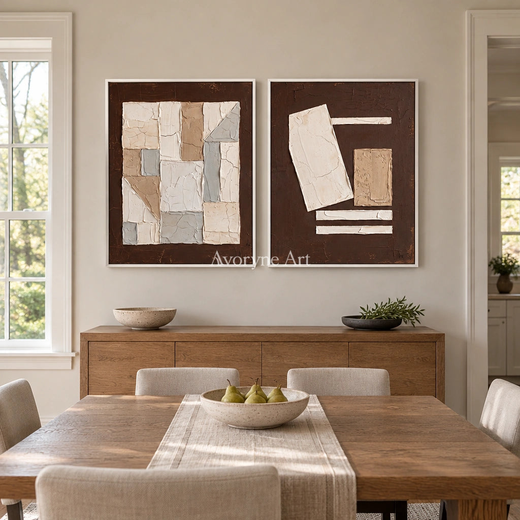 Mineral Rhythm neutral geometric relief diptych with a white frame in a dining room