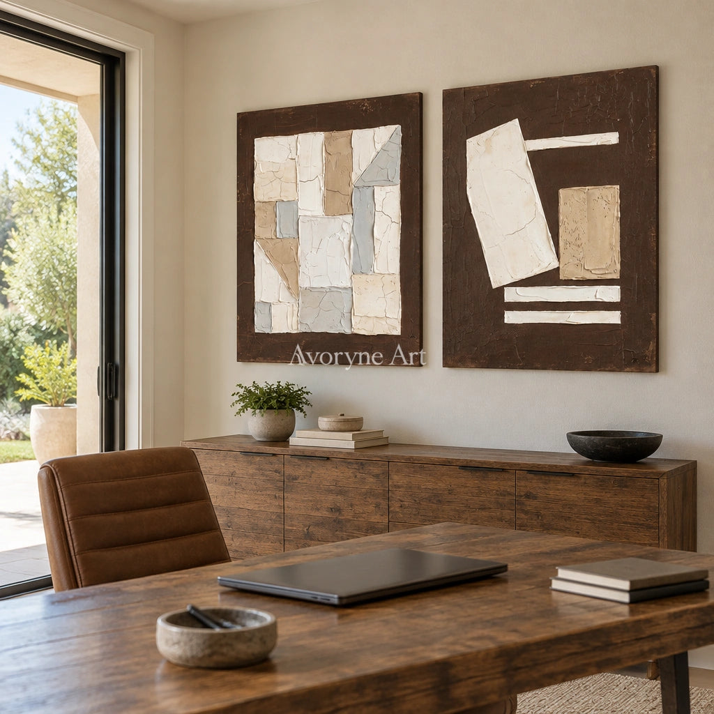 Mineral Rhythm neutral geometric relief diptych as a frameless stretched canvas in a home office