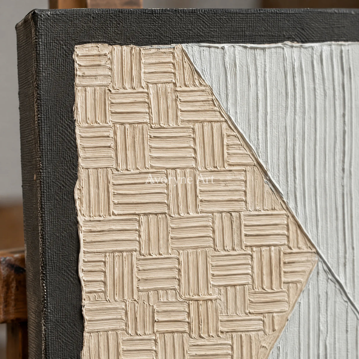 Close-up of the hand-painted texture of Soft Field neutral geometric relief triptych on an easel