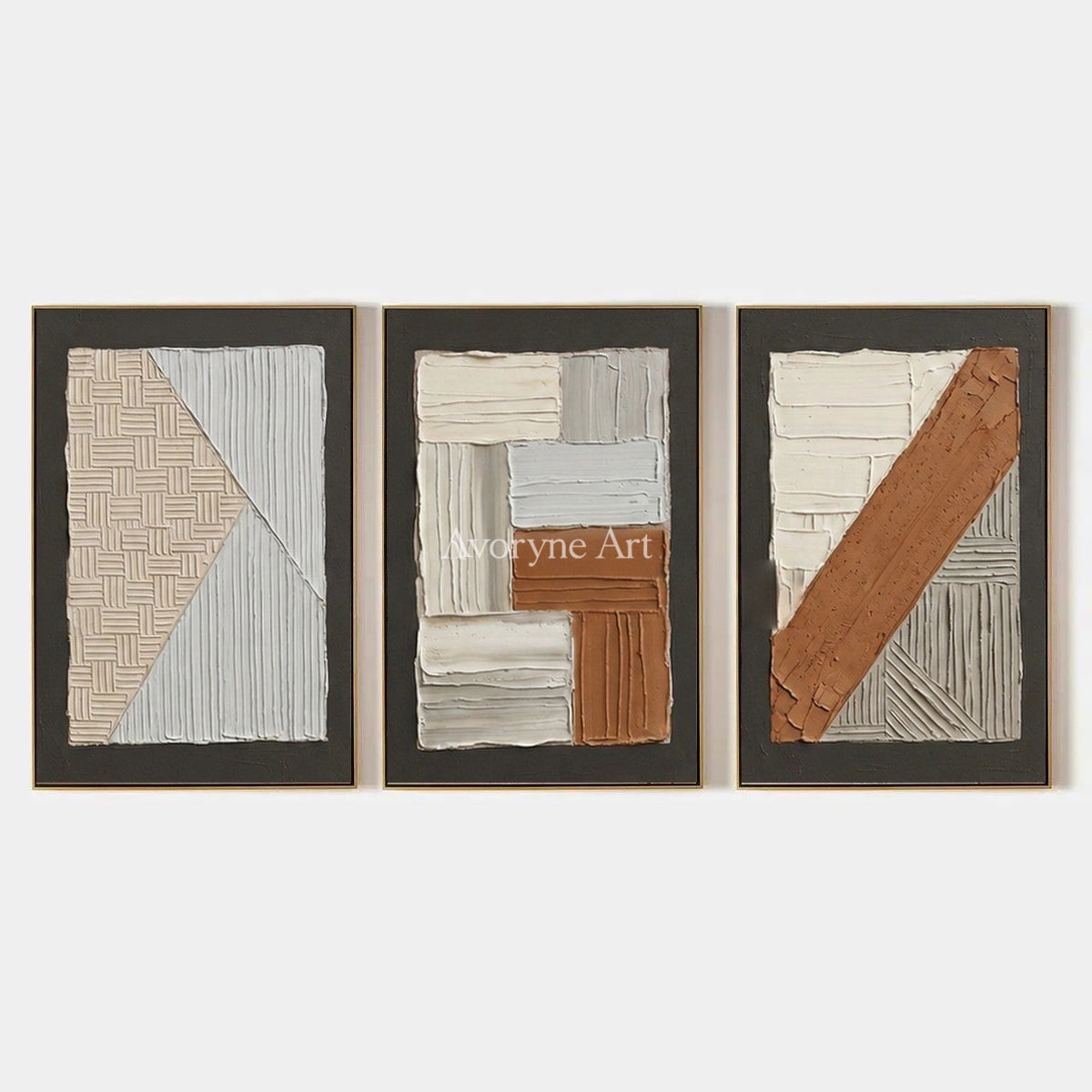 Soft Field, hand-painted neutral geometric relief triptych by Lukas Meyer