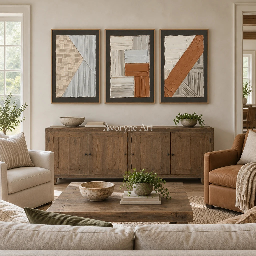 Soft Field neutral geometric relief triptych with a wood frame in a villa living space