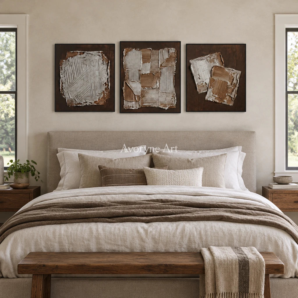 Soft Sonata neutral geometric relief triptych with a black frame above a bed in a bedroom