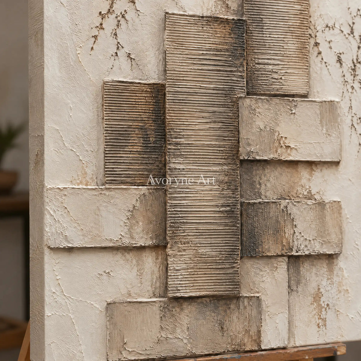 Stone Assembly: Neutral Geometric Relief Wall Art — detail easel