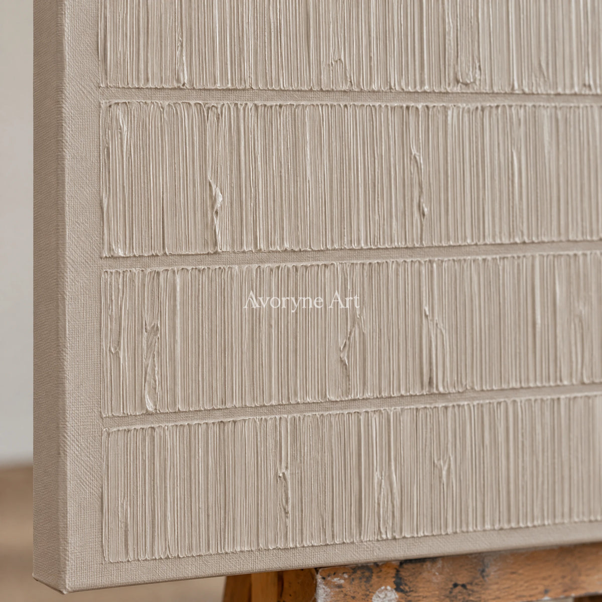 Close-up of the hand-painted texture of Muted Reverie neutral grid art diptych on an easel