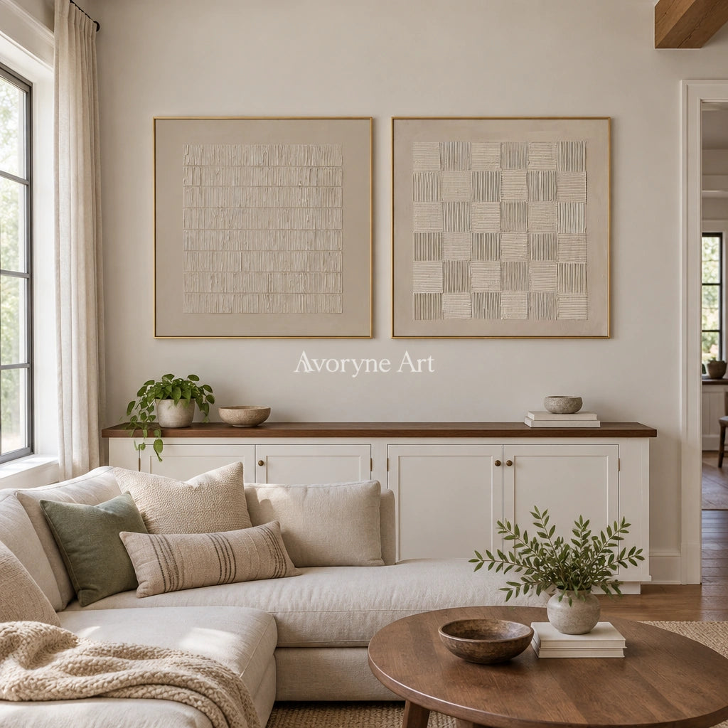 Muted Reverie neutral grid art diptych with a gold frame hanging in a living room