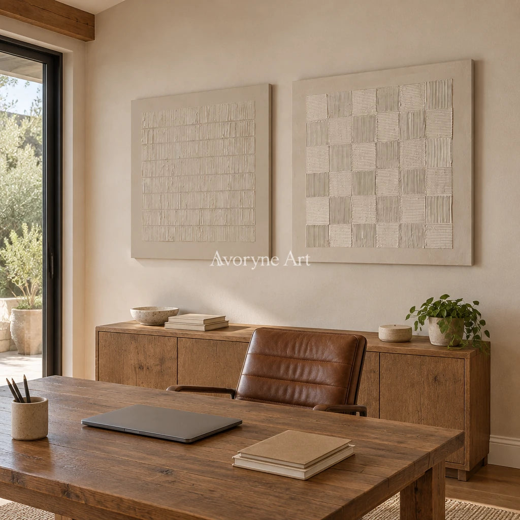 Muted Reverie neutral grid art diptych as a frameless stretched canvas in a home office