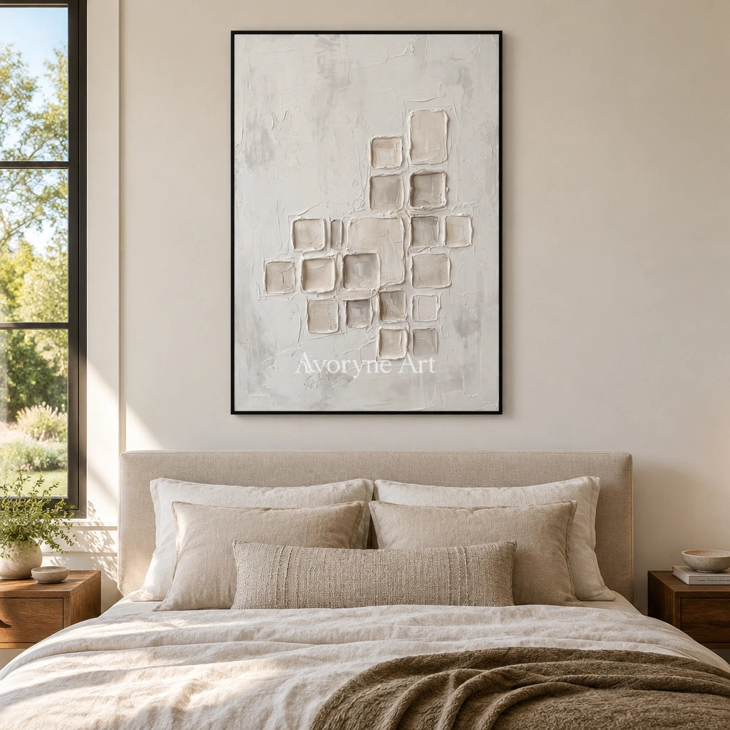 Weathered Echo neutral grid texture wall art with a black frame above a bed in a bedroom