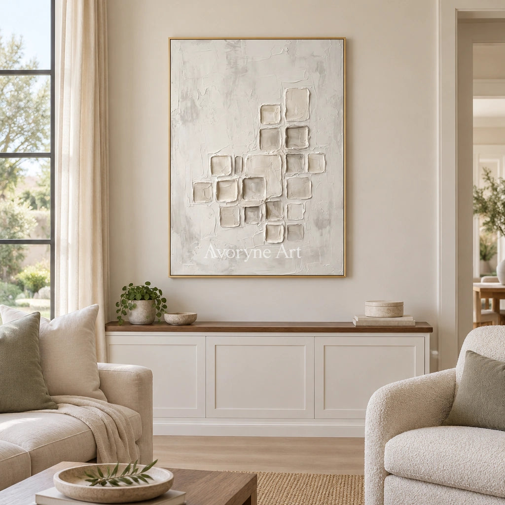 Weathered Echo neutral grid texture wall art with a gold frame hanging in a living room