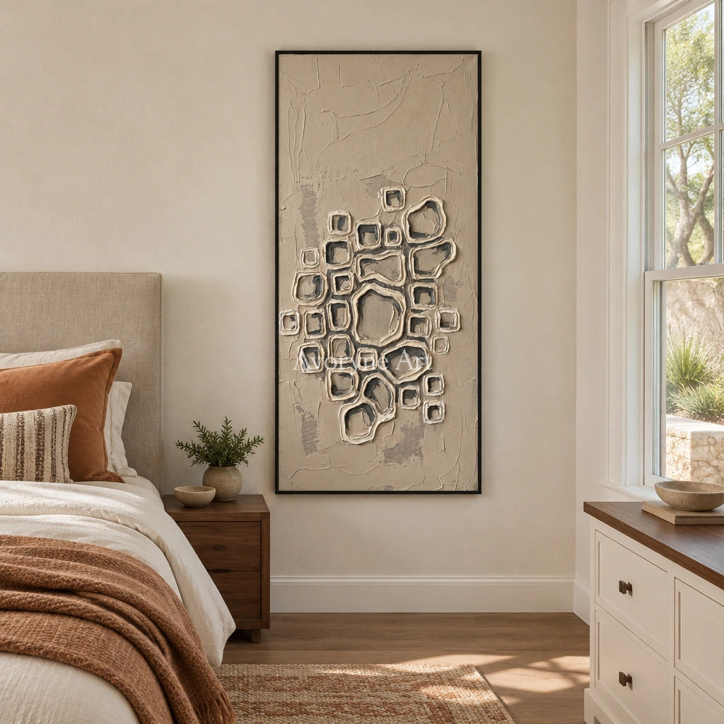 Weathered Interval neutral grid texture wall art with a black frame above a bed in a bedroom