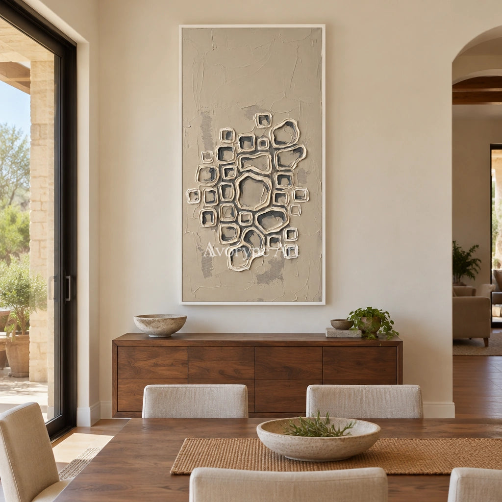 Weathered Interval neutral grid texture wall art with a white frame in a dining room