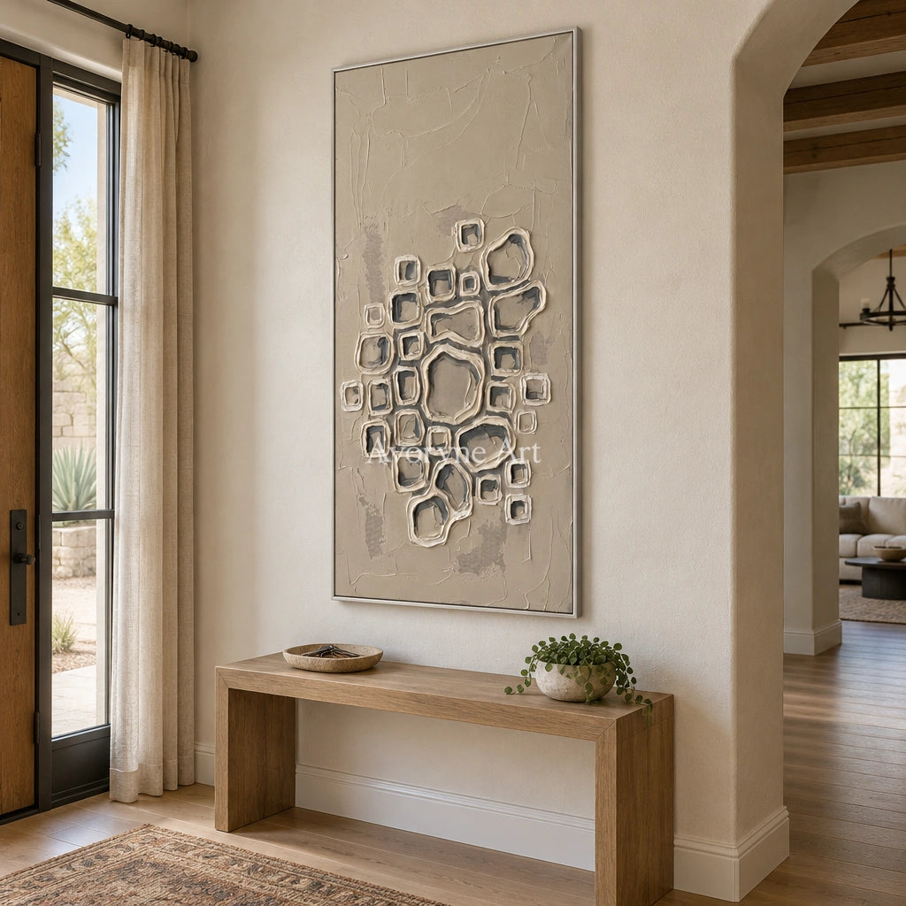 Weathered Interval neutral grid texture wall art with a silver frame in an entryway