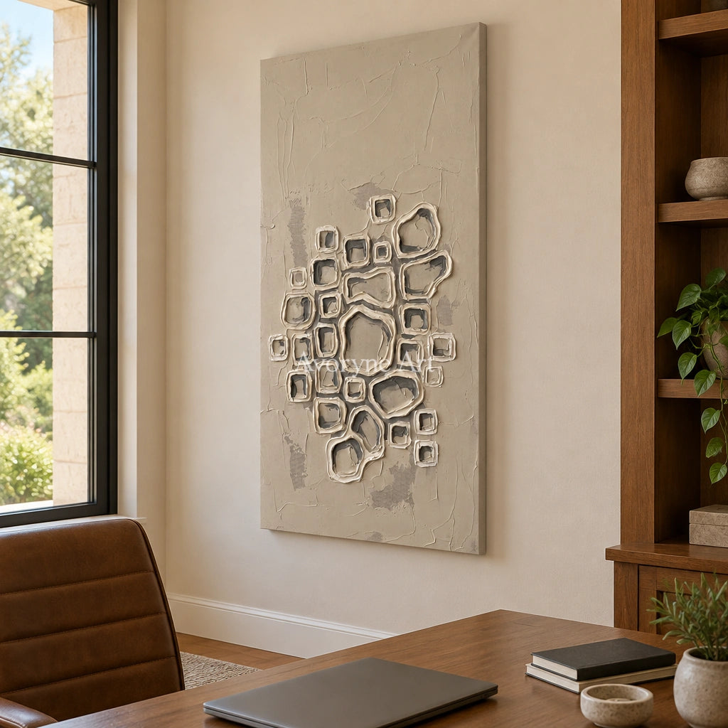 Weathered Interval neutral grid texture wall art as a frameless stretched canvas in a home office