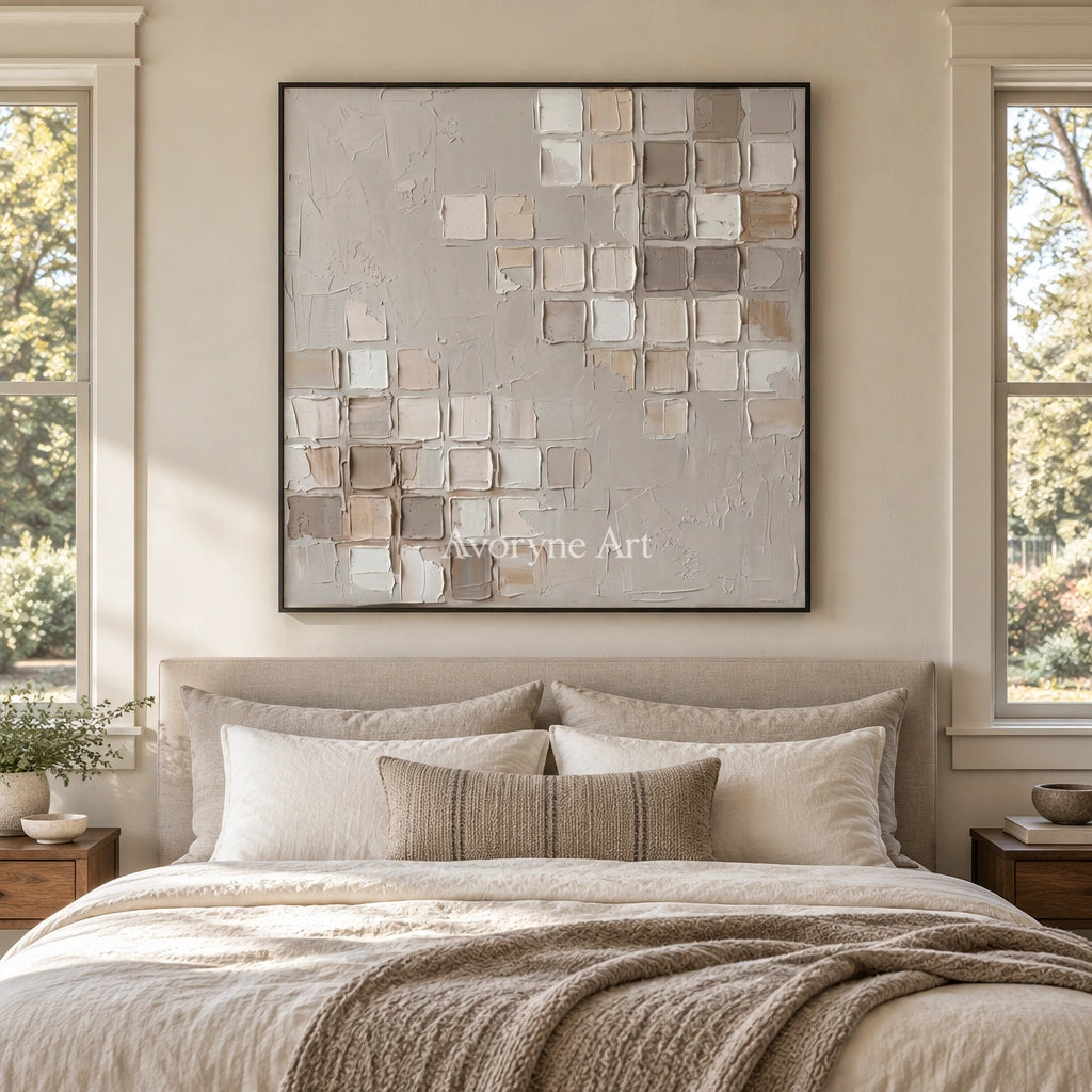Weathered Mosaic neutral grid texture wall art with a black frame above a bed in a bedroom