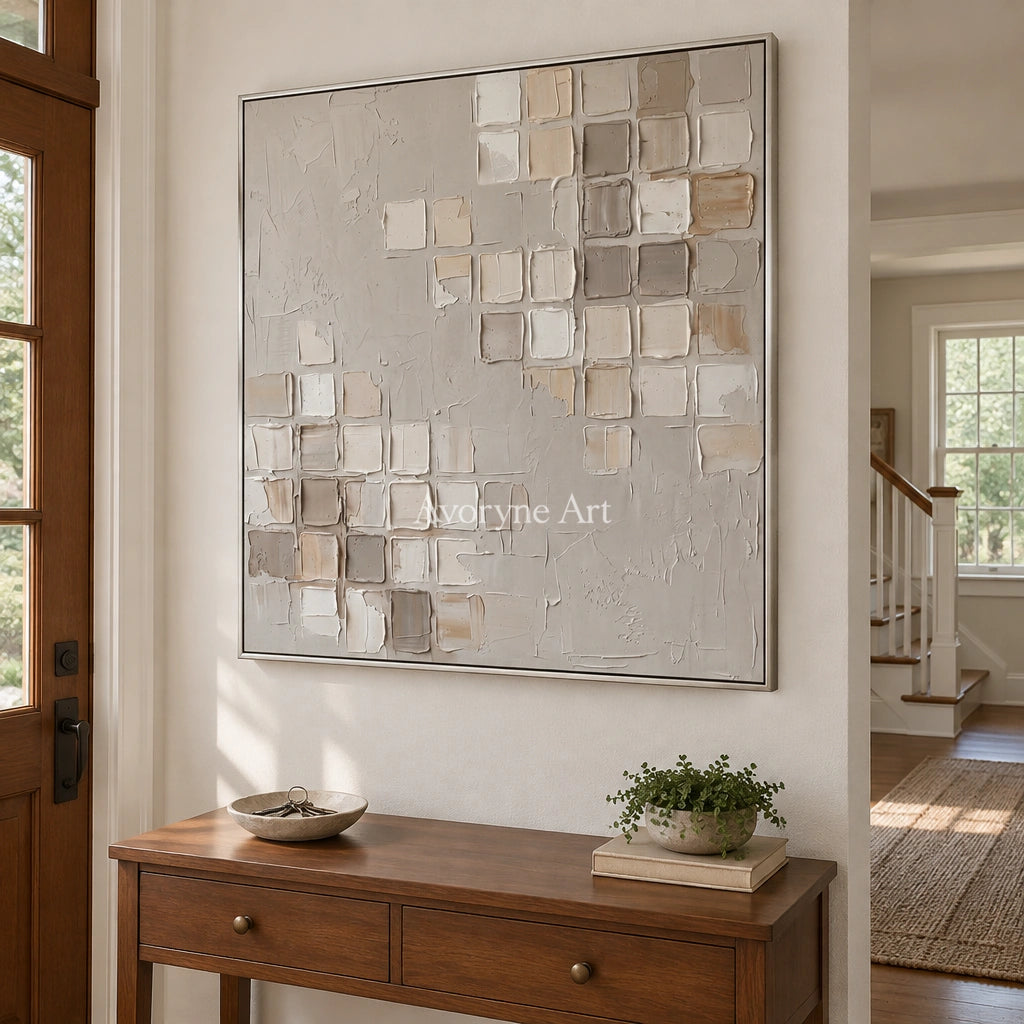 Weathered Mosaic neutral grid texture wall art with a silver frame in an entryway