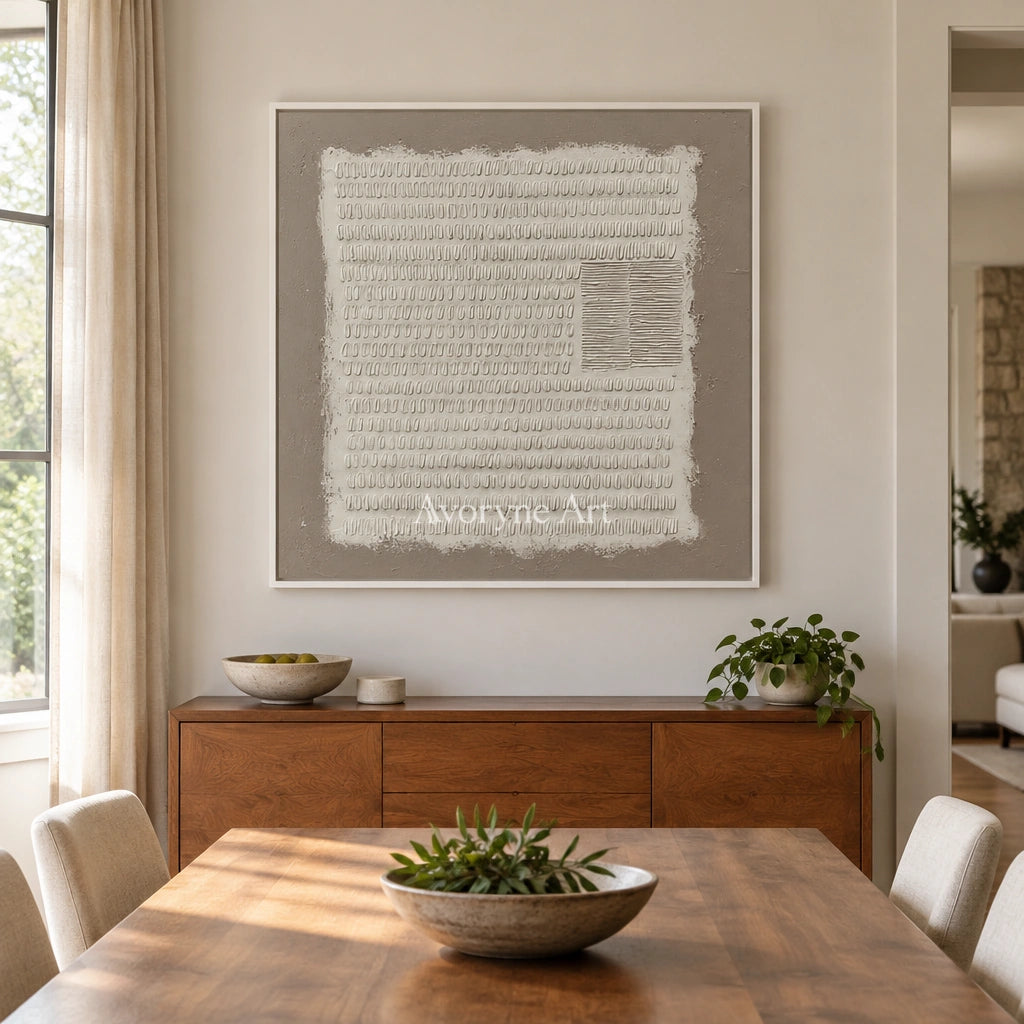 Woven Mosaic neutral grid texture wall art with a white frame in a dining room