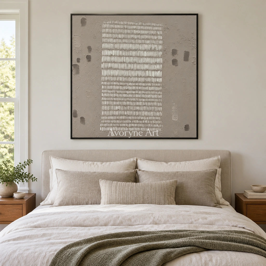 Woven Memory neutral grid texture wall art with a black frame above a bed in a bedroom