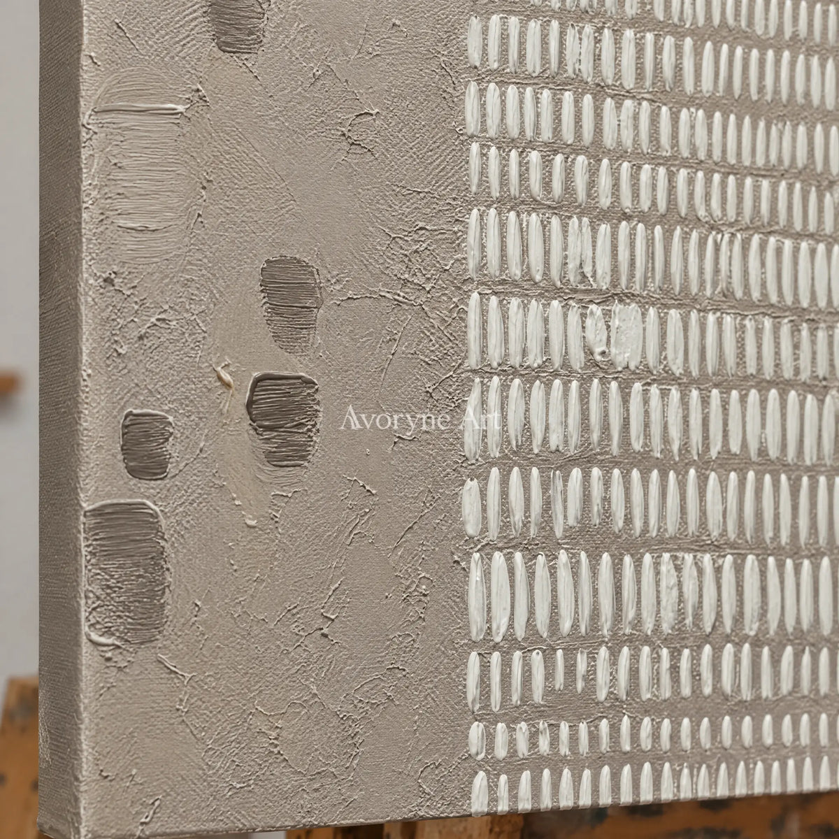 Close-up of the hand-painted texture of Woven Memory neutral grid texture wall art on an easel