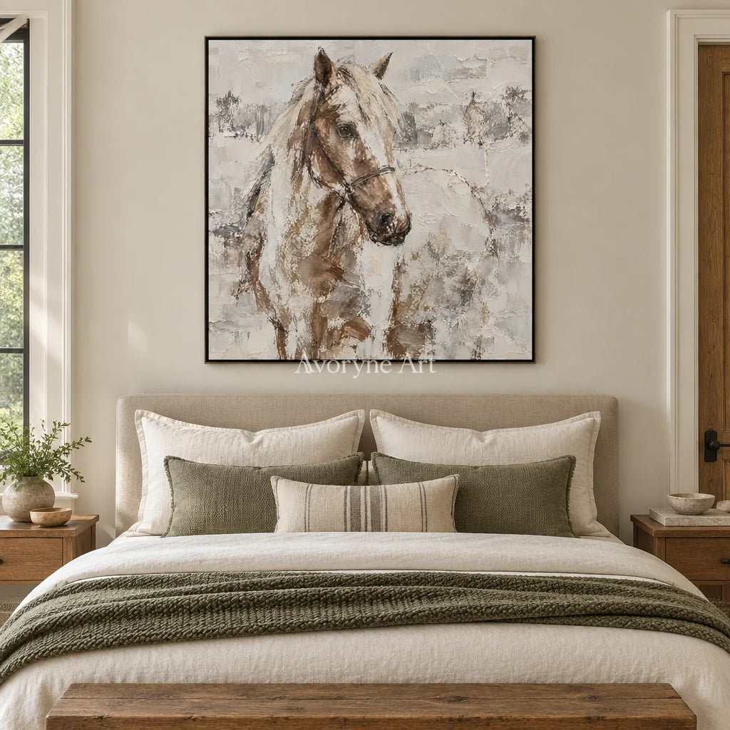 Quiet Bridle: Neutral Horse Portrait Wall Art — bedroom black