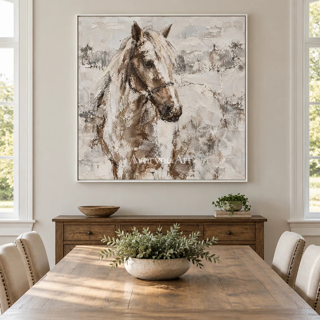 Quiet Bridle: Neutral Horse Portrait Wall Art — dining white