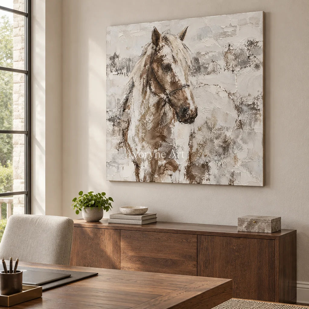 Quiet Bridle: Neutral Horse Portrait Wall Art — office frameless