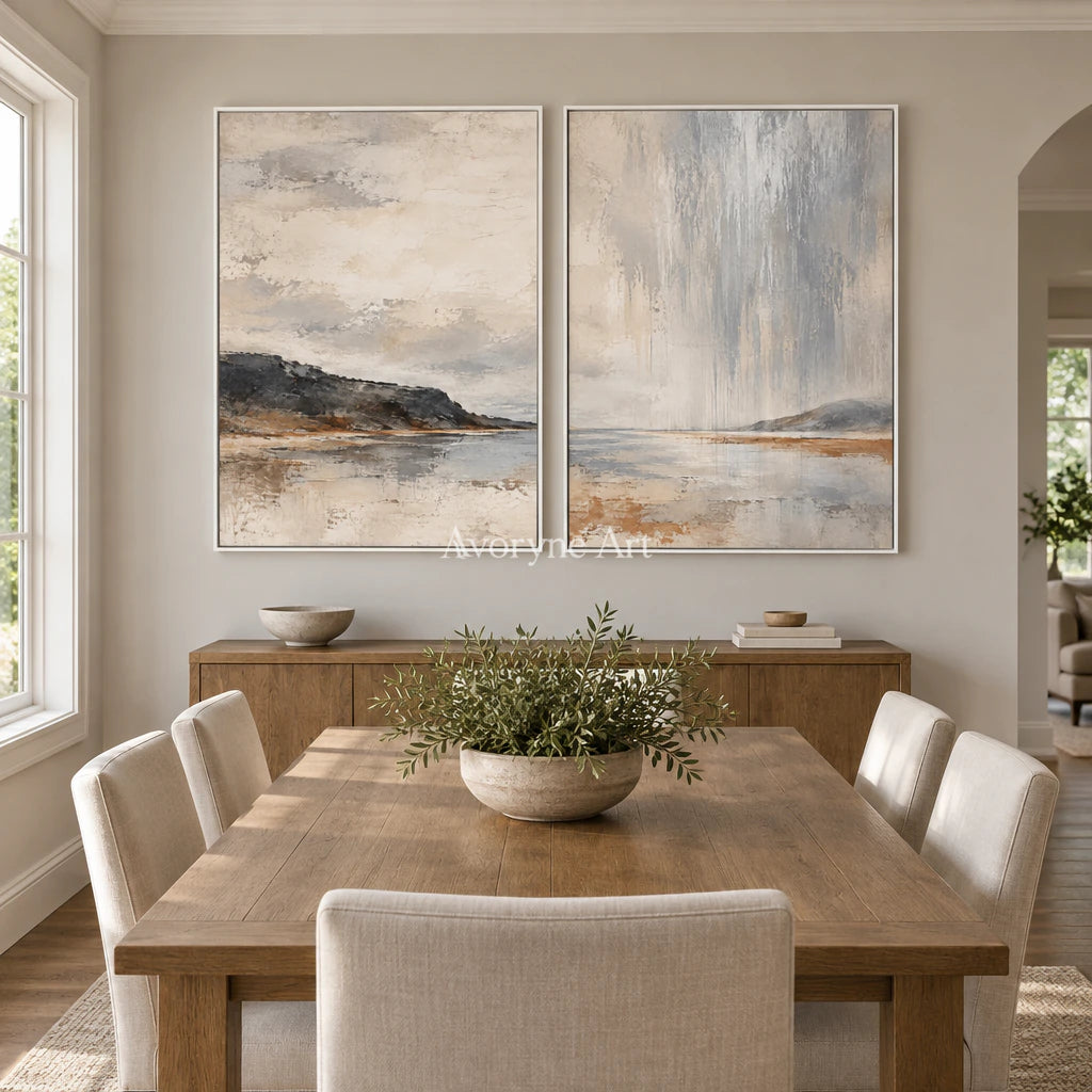 Rainward Shore: Neutral Landscape Diptych Wall Art — dining white