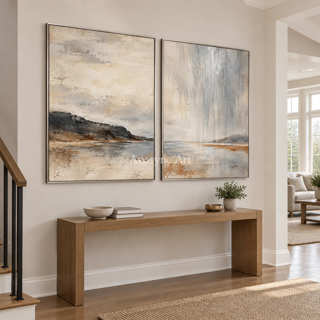 Rainward Shore: Neutral Landscape Diptych Wall Art — entry silver