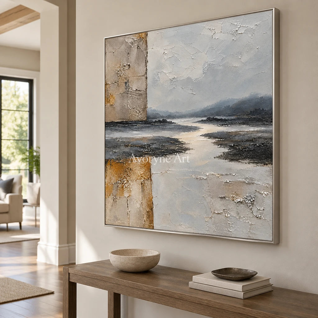 Weathered Reach: Neutral Layered Abstract Wall Art — entry silver