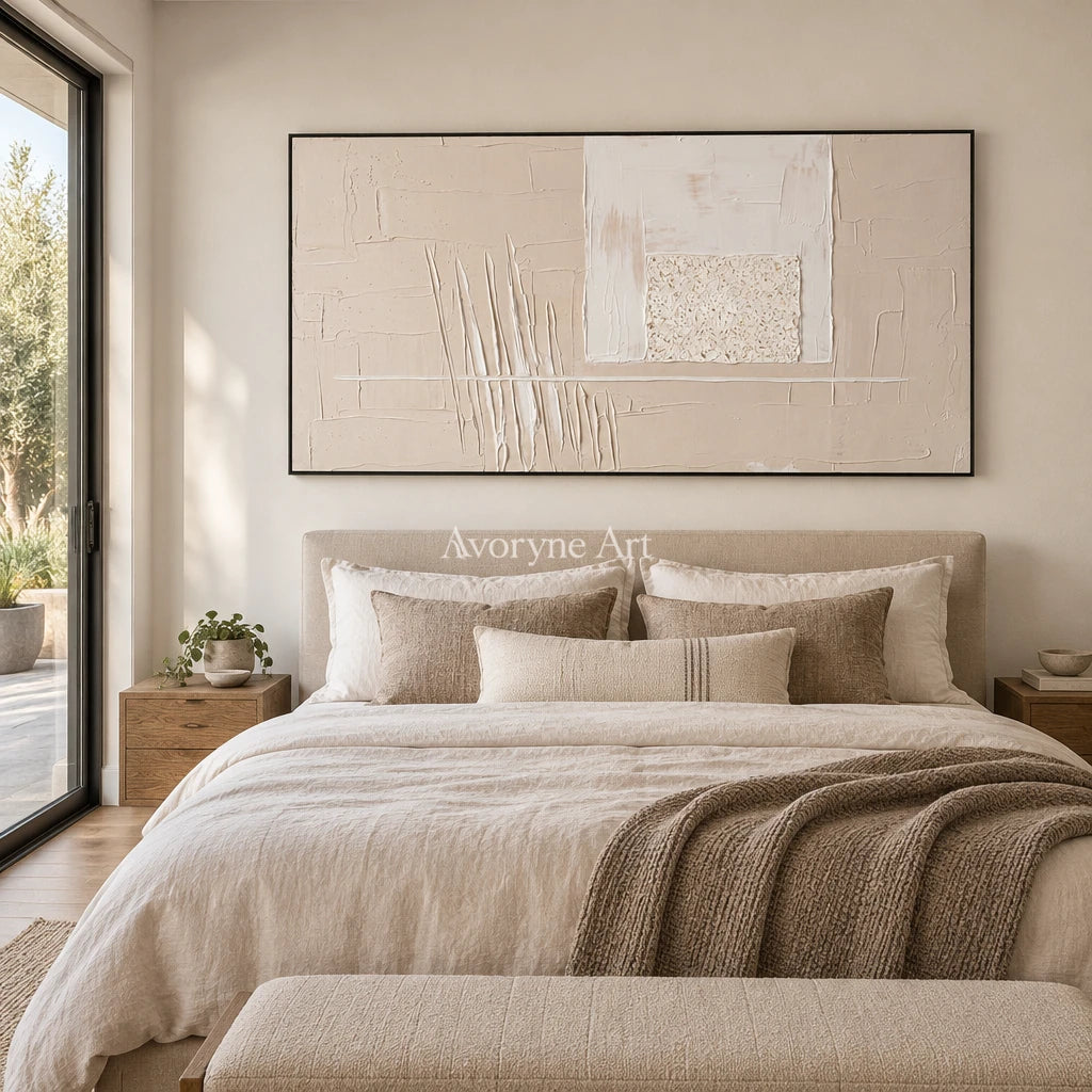 Misted Mosaic neutral layered relief wall art with a black frame above a bed in a bedroom
