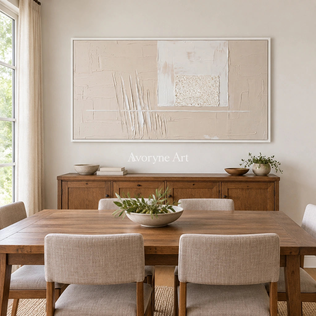Misted Mosaic neutral layered relief wall art with a white frame in a dining room
