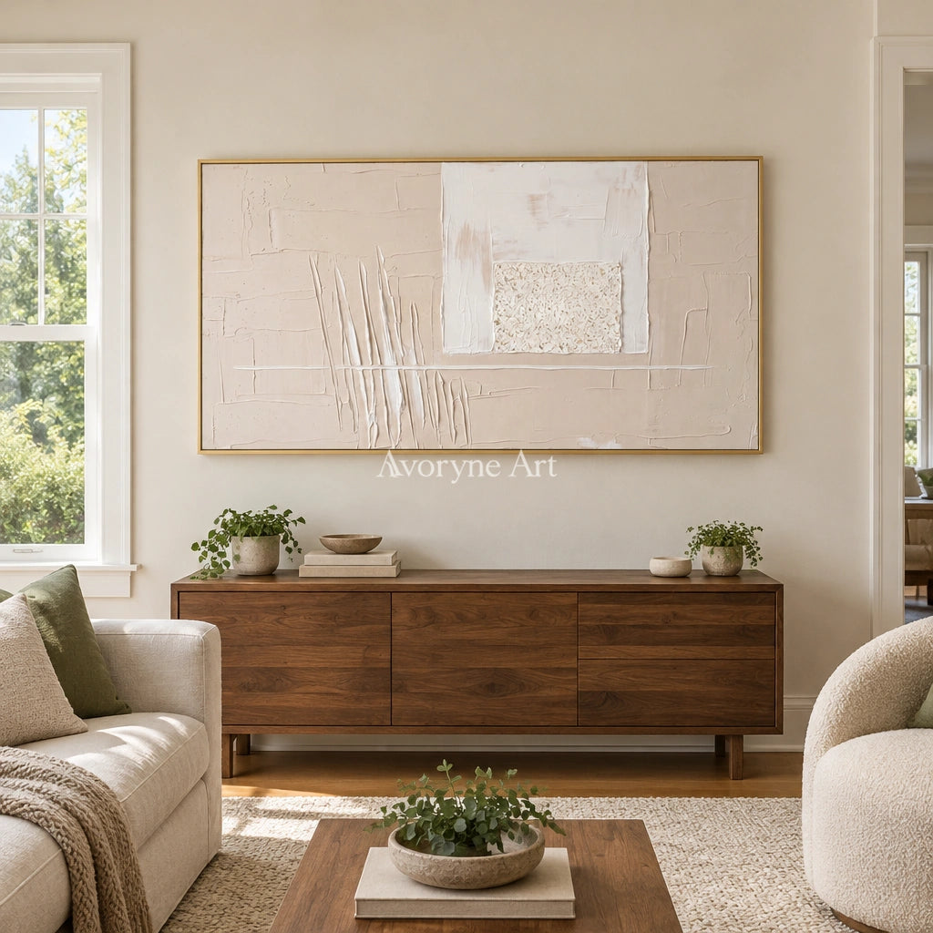 Misted Mosaic neutral layered relief wall art with a gold frame hanging in a living room