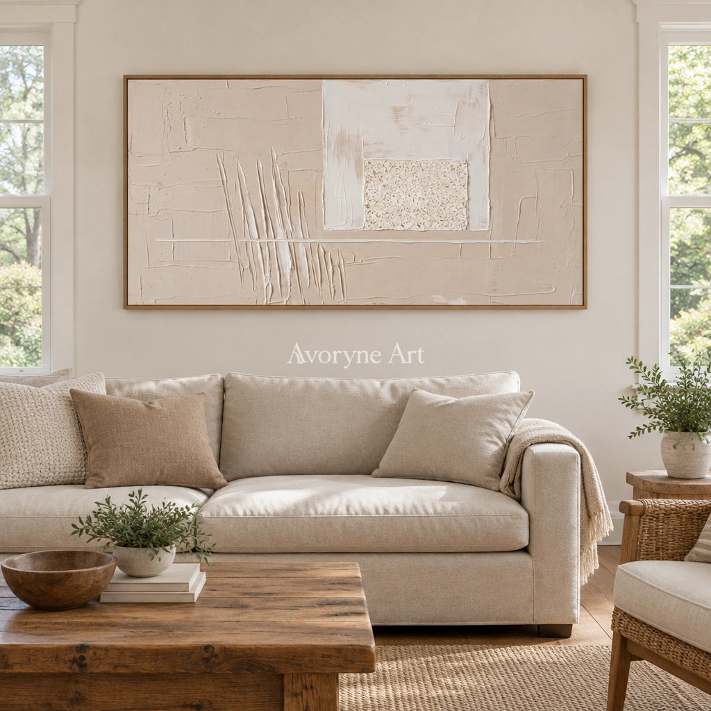 Misted Mosaic neutral layered relief wall art with a wood frame in a villa living space