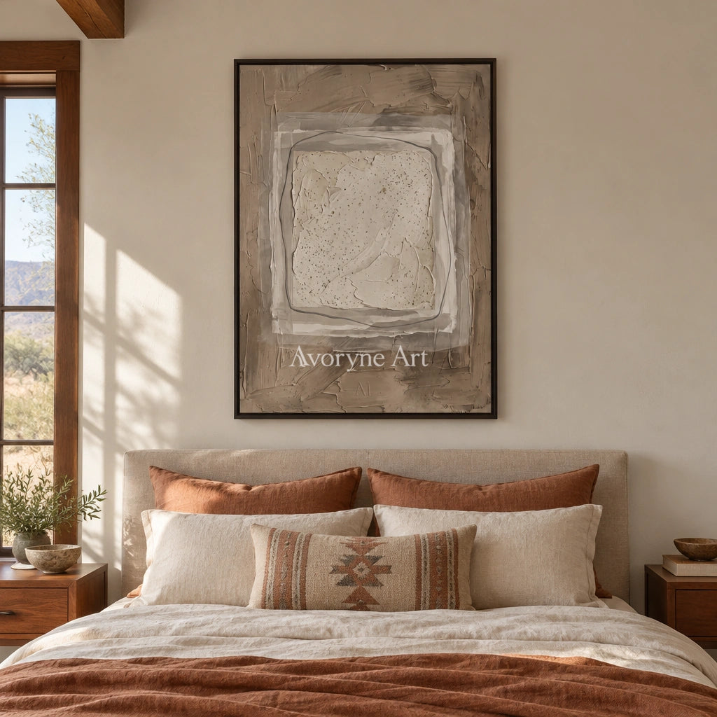 Misted Memory neutral layered relief wall art with a black frame above a bed in a bedroom