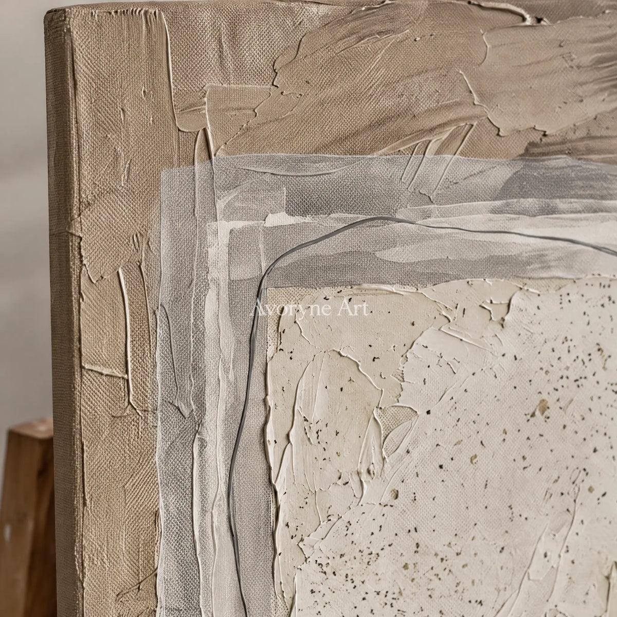Close-up of the hand-painted texture of Misted Memory neutral layered relief wall art on an easel