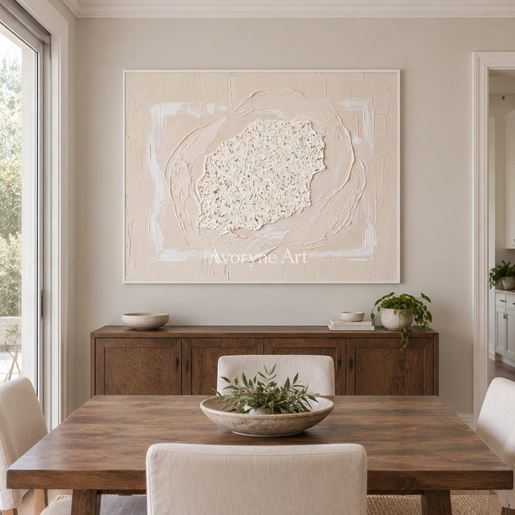 Misted Field neutral layered relief wall art with a white frame in a dining room