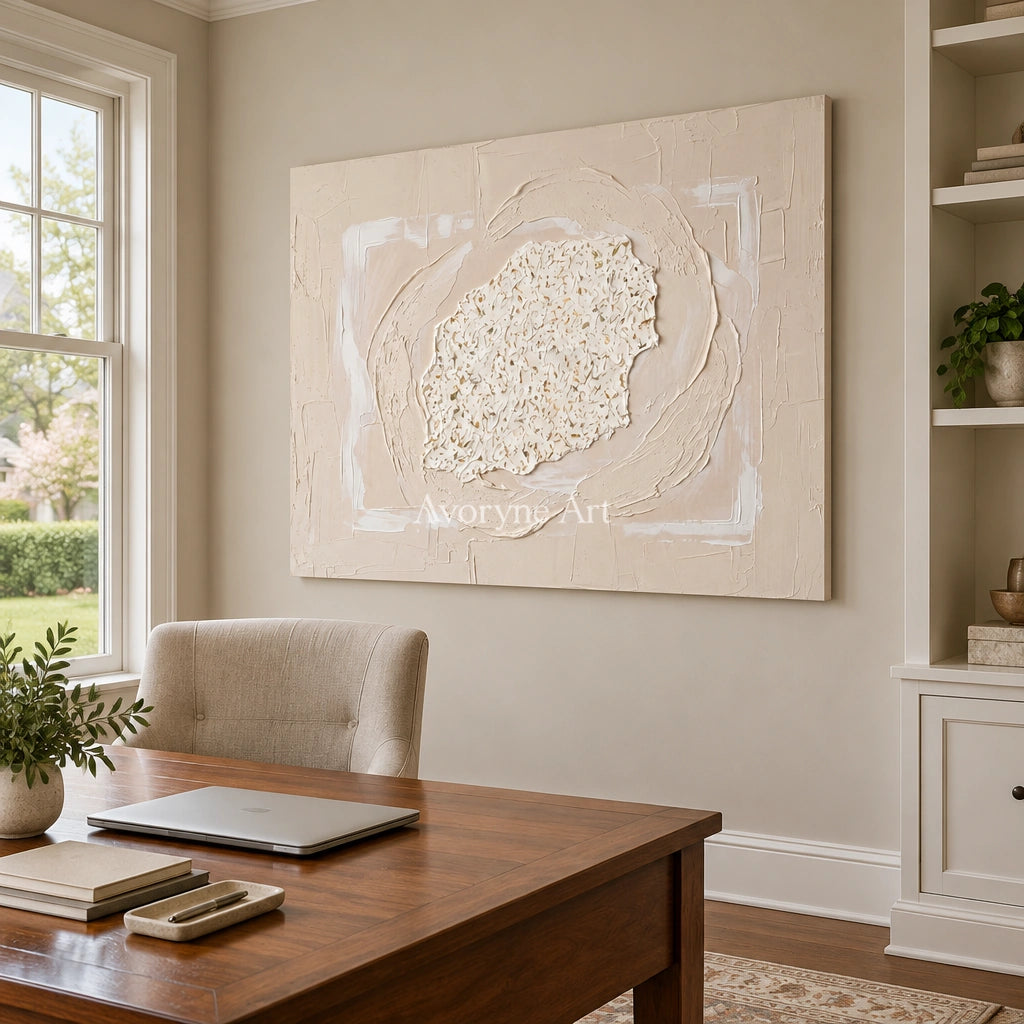 Misted Field neutral layered relief wall art as a frameless stretched canvas in a home office