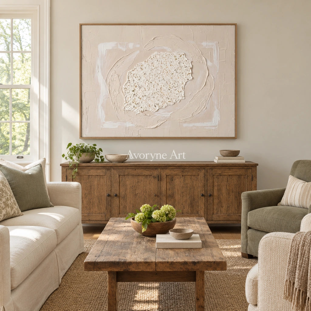 Misted Field neutral layered relief wall art with a wood frame in a villa living space