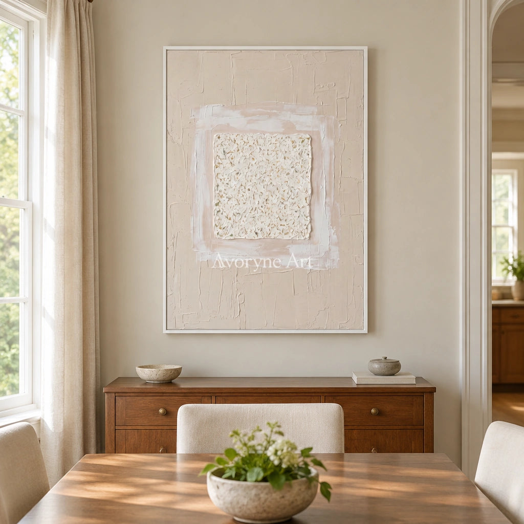 Weathered Refrain neutral layered relief wall art with a white frame in a dining room