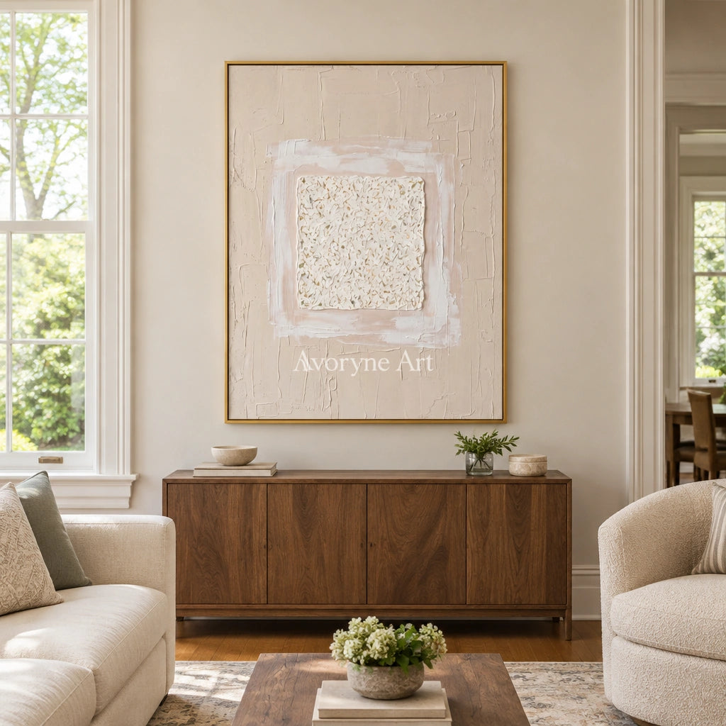 Weathered Refrain neutral layered relief wall art with a gold frame hanging in a living room