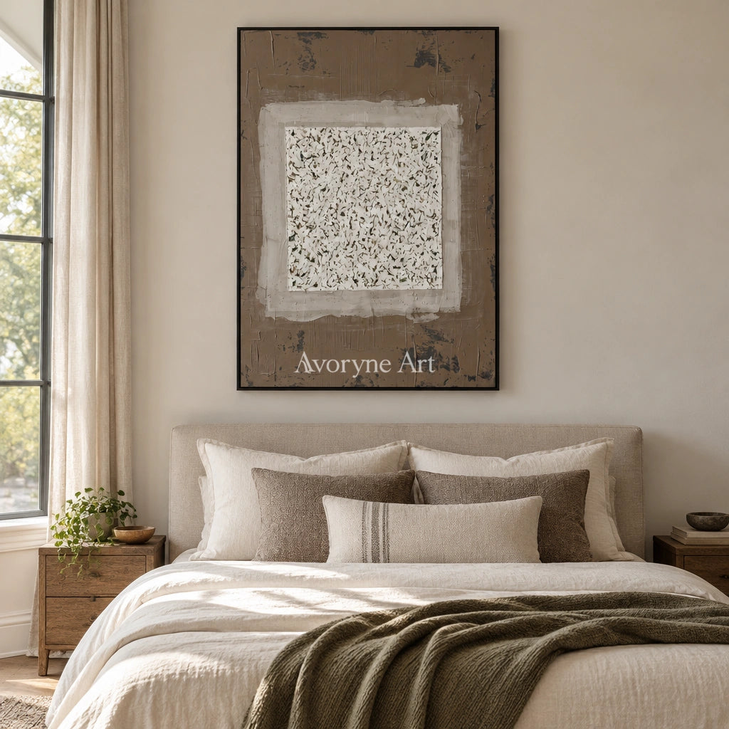 Weathered Measure neutral layered relief wall art with a black frame above a bed in a bedroom