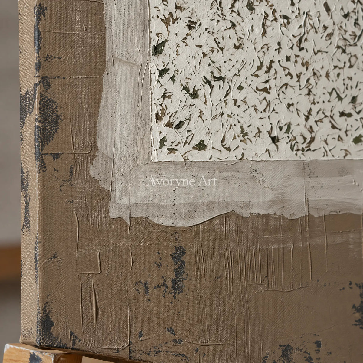 Close-up of the hand-painted texture of Weathered Measure neutral layered relief wall art on an easel
