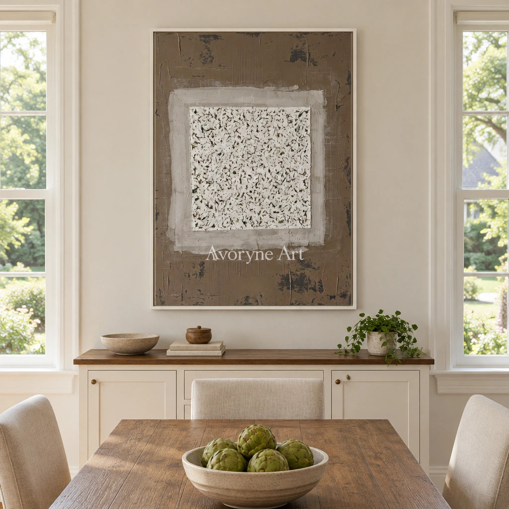Weathered Measure neutral layered relief wall art with a white frame in a dining room