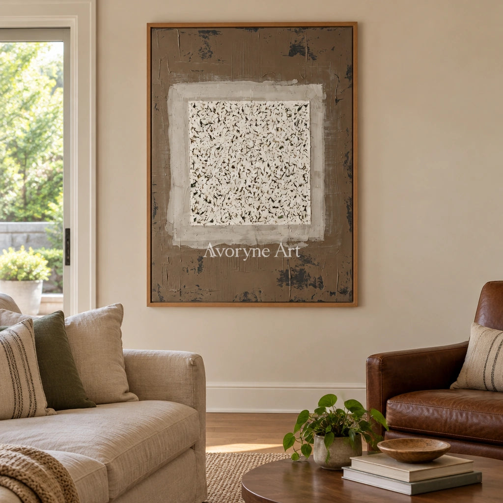 Weathered Measure neutral layered relief wall art with a wood frame in a villa living space