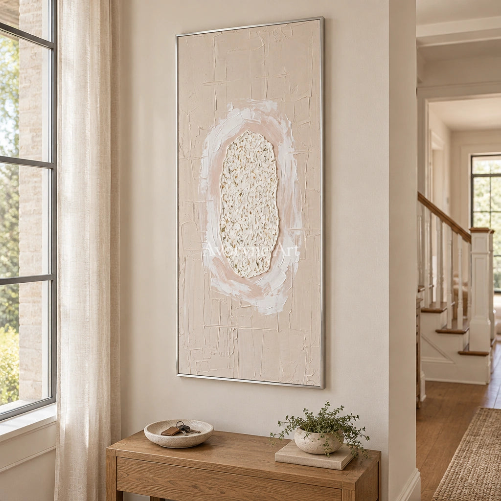 Weathered Rhythm neutral layered relief wall art with a silver frame in an entryway