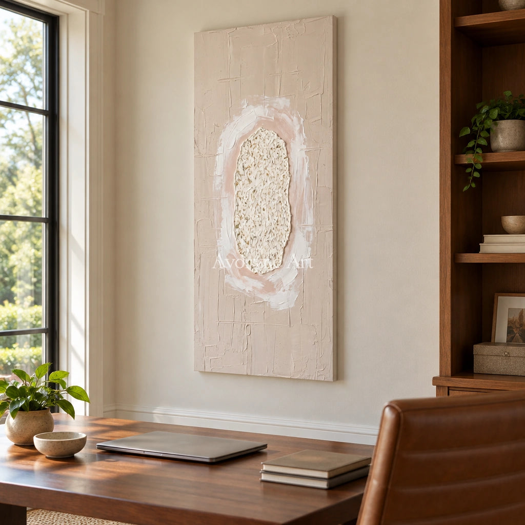 Weathered Rhythm neutral layered relief wall art as a frameless stretched canvas in a home office