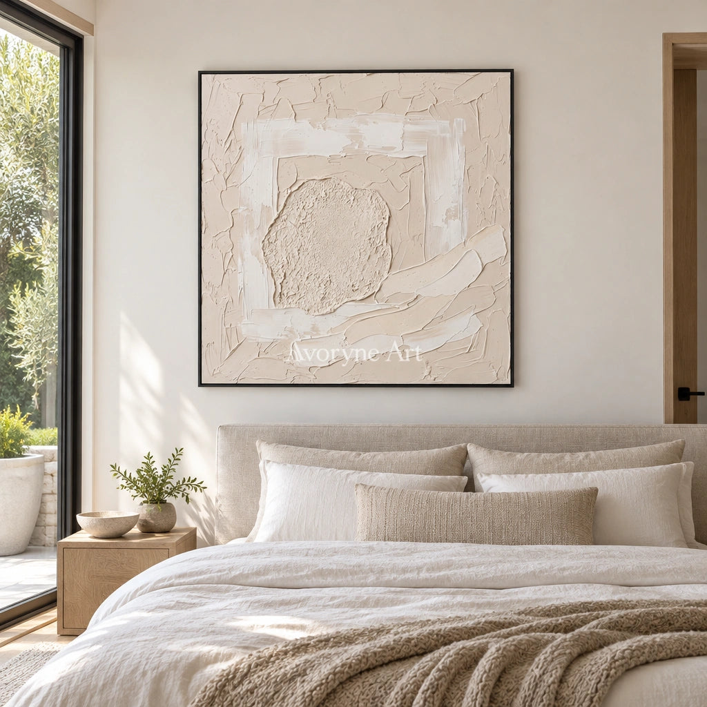 Weathered Trace neutral layered relief wall art with a black frame above a bed in a bedroom