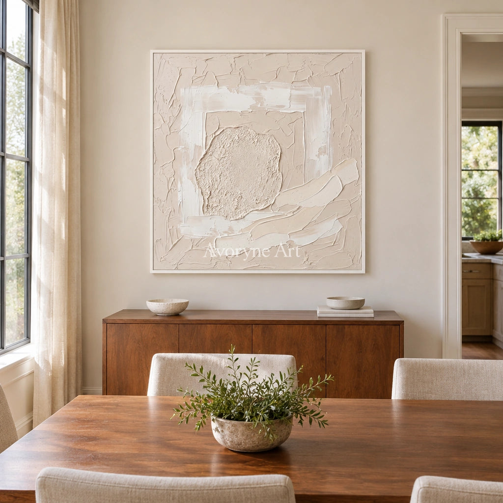 Weathered Trace neutral layered relief wall art with a white frame in a dining room
